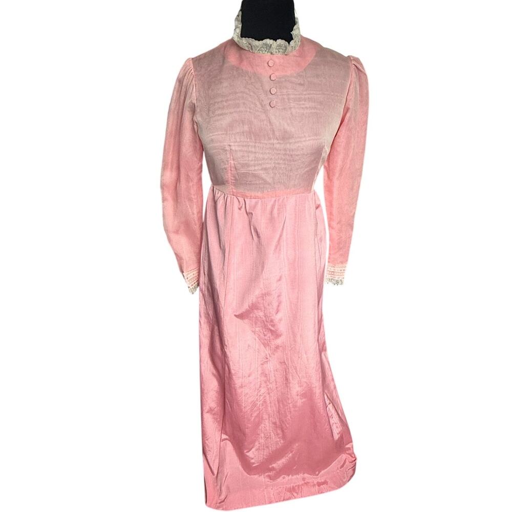 Vintage 60’s Handmade Light Pink Prairie White Lace Maxi Dress Small Bridgerton